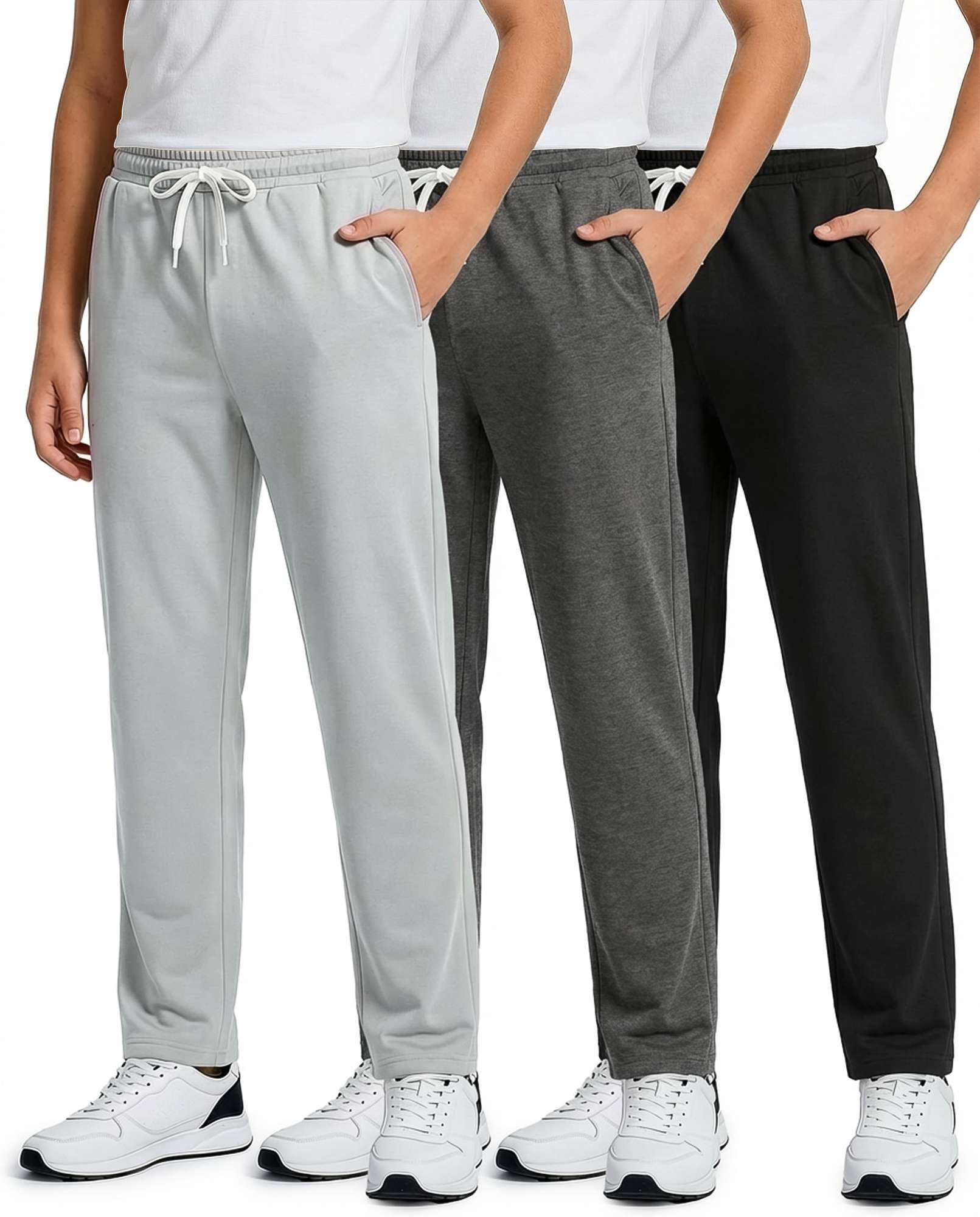 Real Essentials 3 Pack: Boys' French Terry Open Bottom Sweatpants Sweats for School Kids Teens with Pockets (Size 4-18)