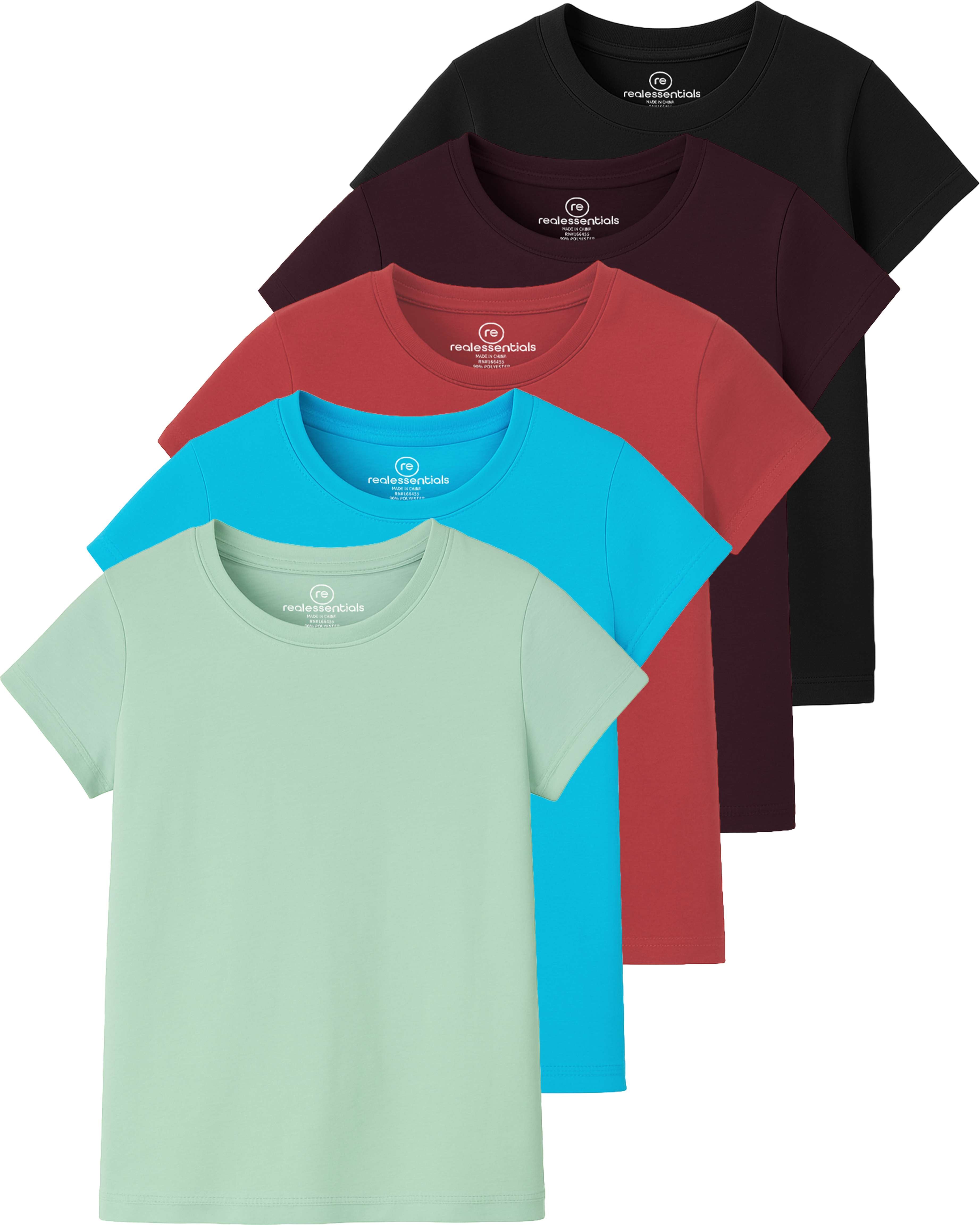 Real Essentials 5 Pack: Girls' Cotton Short Sleeve Crew Neck T-Shirt - Athletic Tee Shirt for Teens Kids Youth (Ages 4-16)