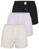 Real Essentials 3 Pack Mens Cotton Pajama Shorts Poplin Woven Lounge Sleep PJs with Pockets - Solid Black, Pale Lilac Stripe, Moonbeam Stripe
