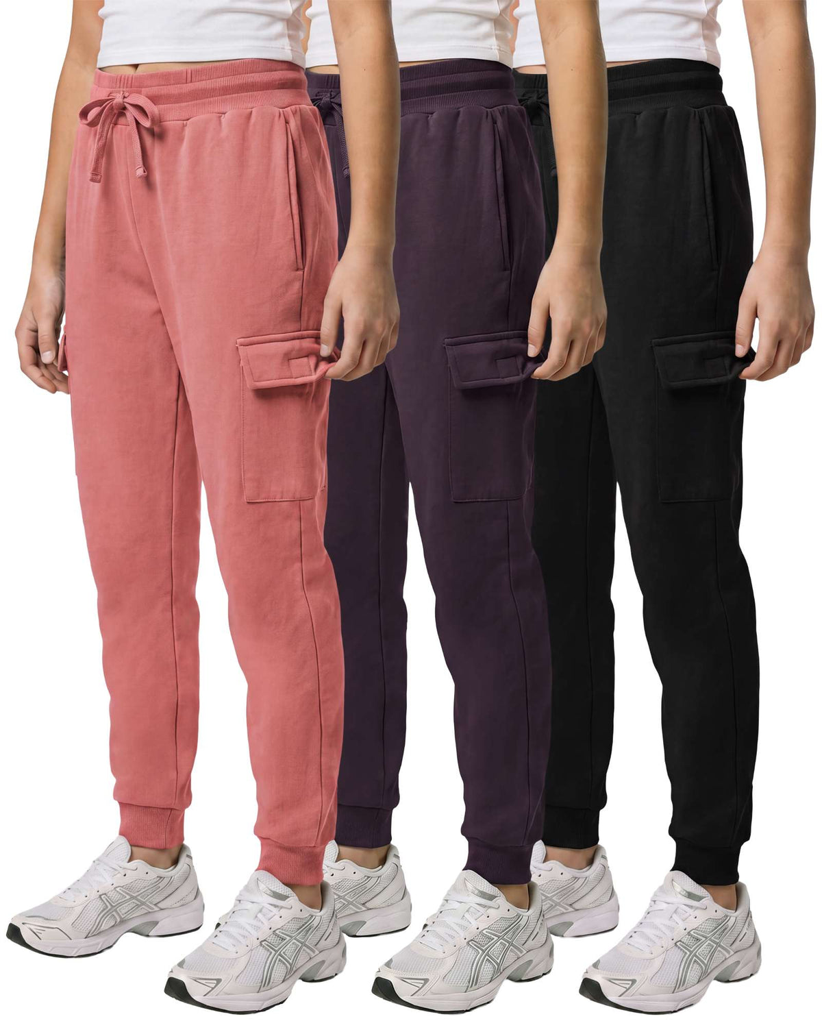Real Essentials 3 Pack Girls Fleece Cargo Joggers Sweatpants Kids Pants Teen Girl Athletic - Solid Black, Solid Plum Perfect, Solid Lantana