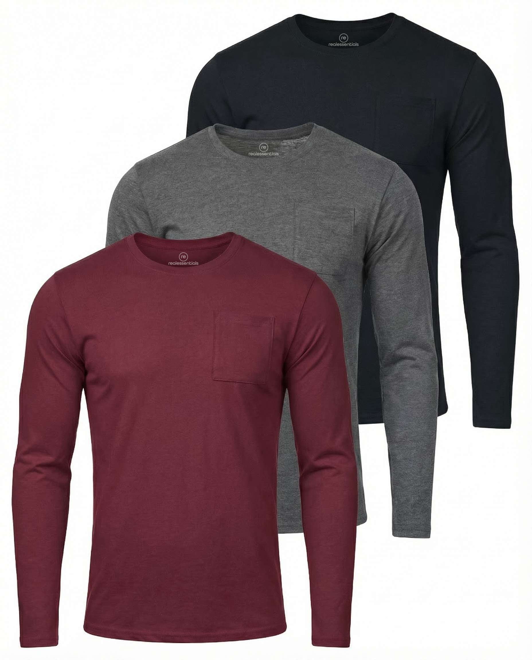 3 Pack: Mens Cotton Long Sleeve Crew Neck Pocket T-Shirt
