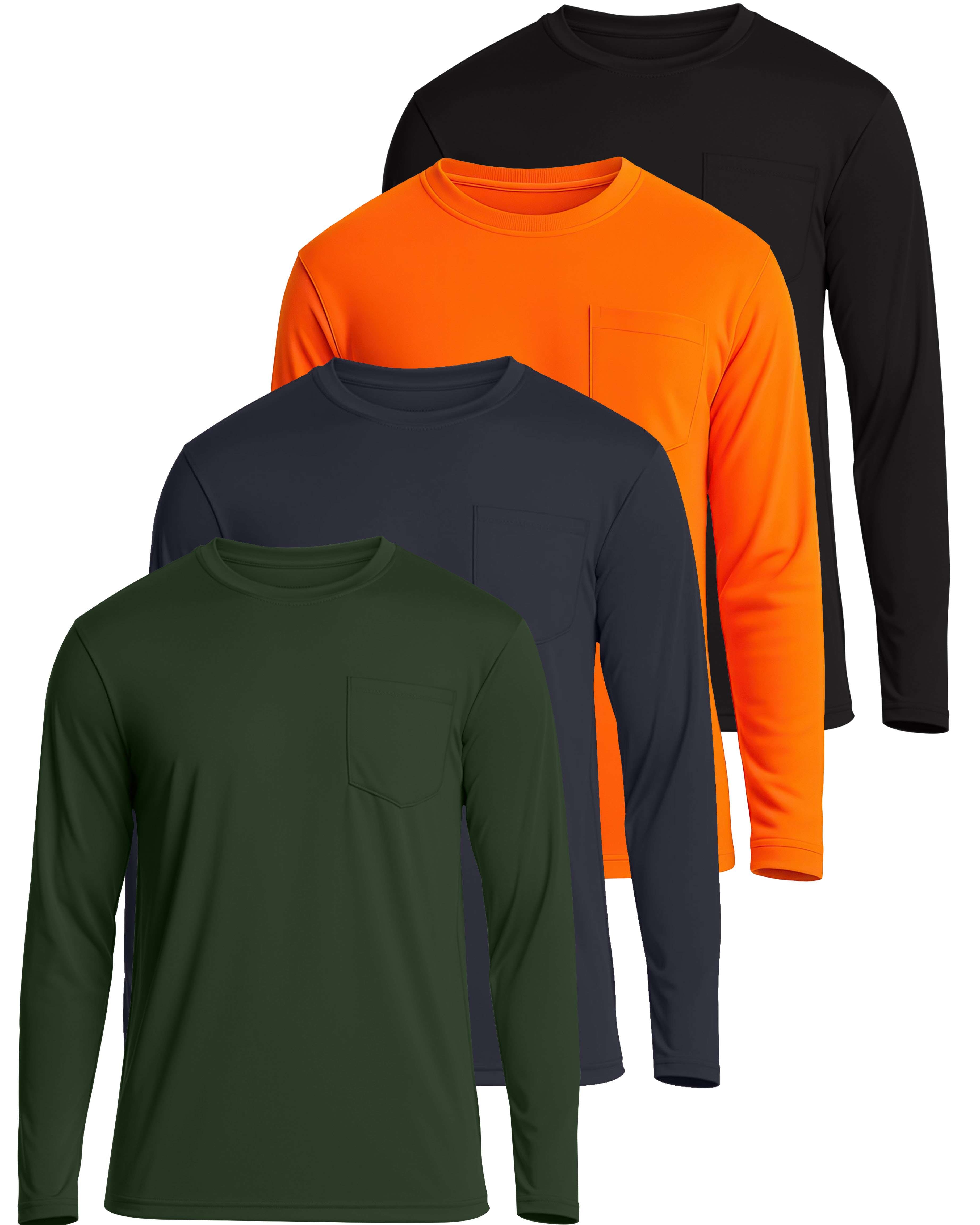 4 Pack: Mens Dry-Fit Long Sleeve Pocket Crew T-Shirt