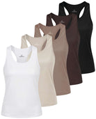 Real Essentials 5 Pack Women's Racerback Crop Tank Tops Dry Fit Workout Athletic Gym Yoga - Solid Black, Solid Chocolate Torte, Solid Coffee Quartz, Solid Moonbeam, Solid Bright White