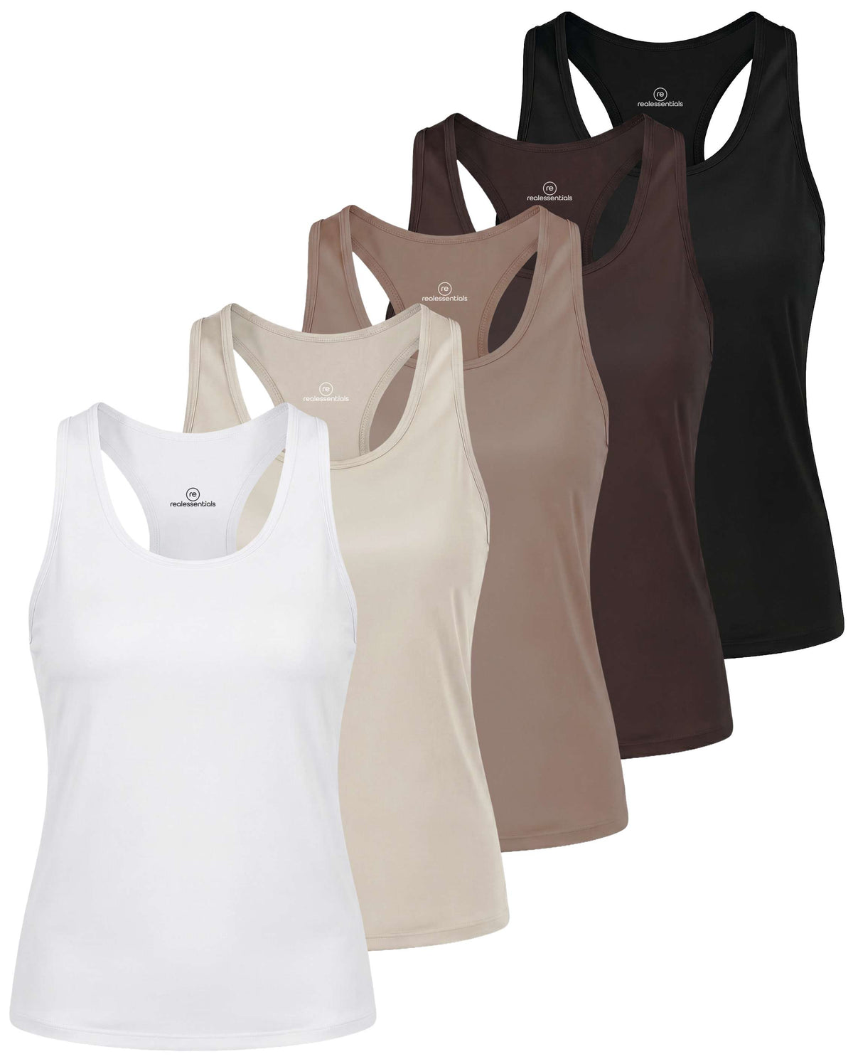Real Essentials 5 Pack Women's Racerback Crop Tank Tops Dry Fit Workout Athletic Gym Yoga - Solid Black, Solid Chocolate Torte, Solid Coffee Quartz, Solid Moonbeam, Solid Bright White