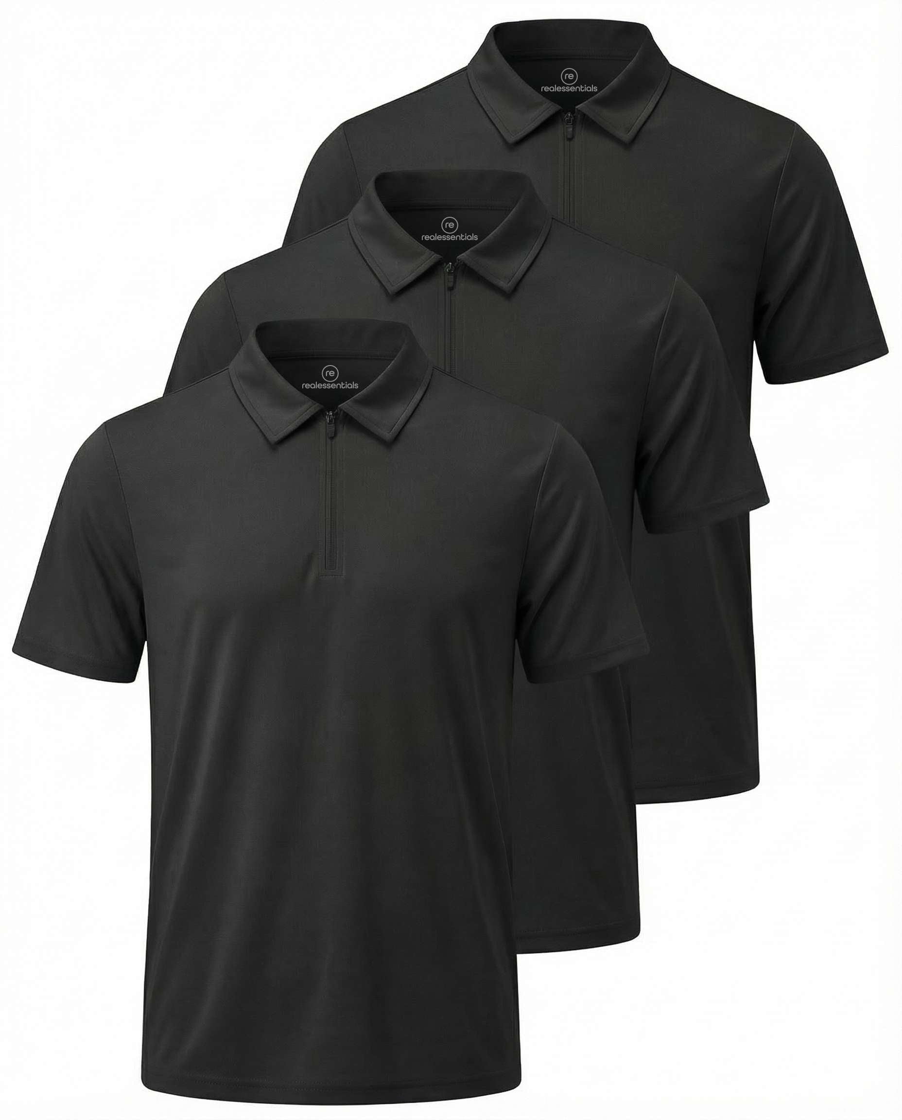 Real Essentials 3 Pack: Men's Polo Shirts Zipper Short Sleeve Dry Fit Quarter Zip Golf Athletic Workout Gym Collared