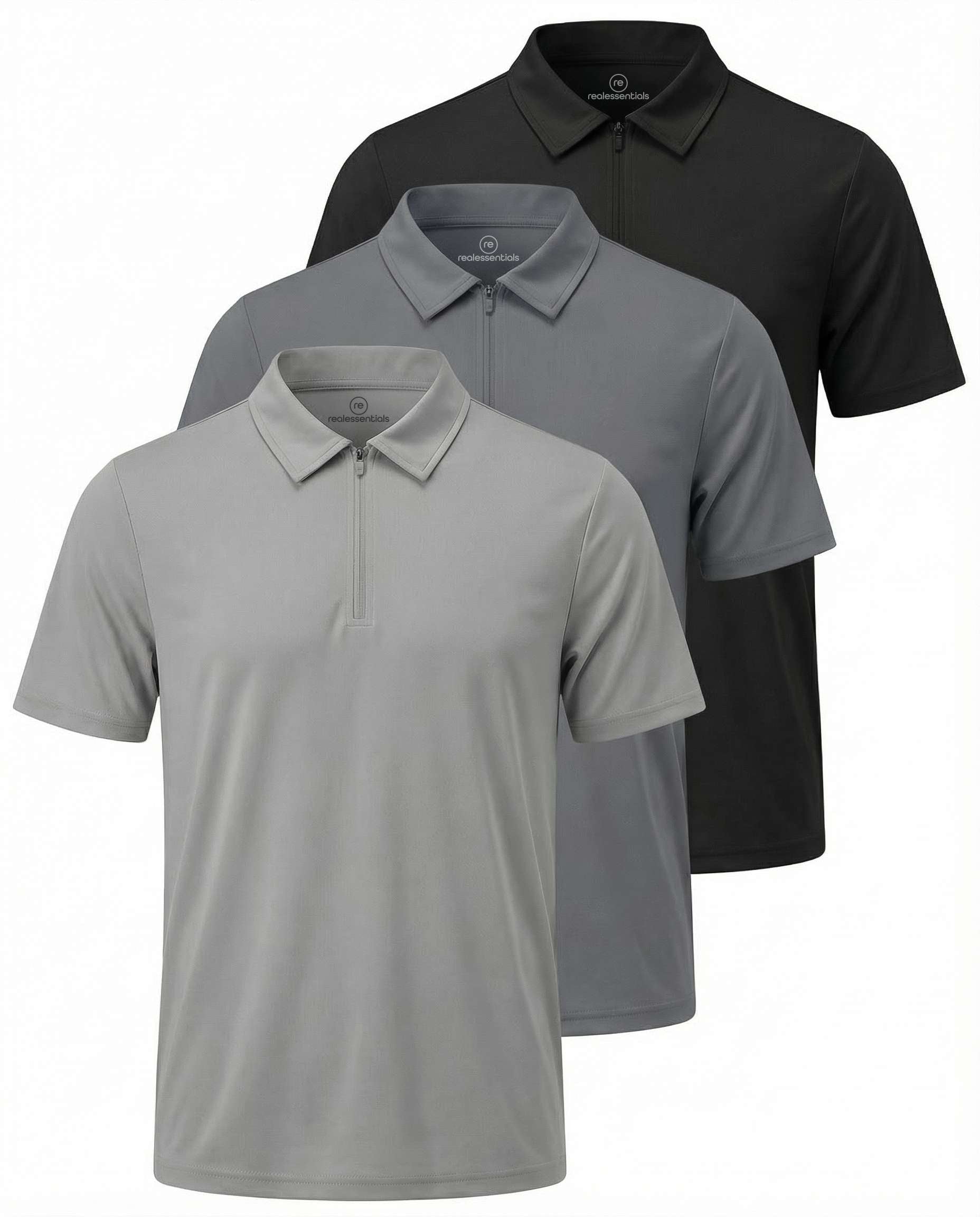 Real Essentials 3 Pack: Men's Polo Shirts Zipper Short Sleeve Dry Fit Quarter Zip Golf Athletic Workout Gym Collared