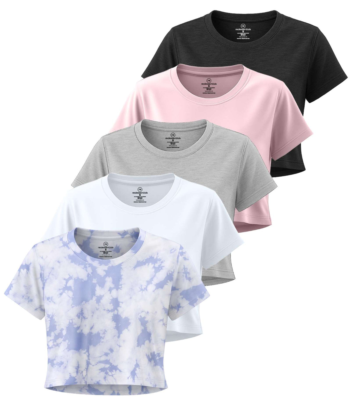 Real Essentials 5 Pack Women's Dry Fit Crop Top Workout T Shirts Short Sleeve Athletic Gym - Set 6