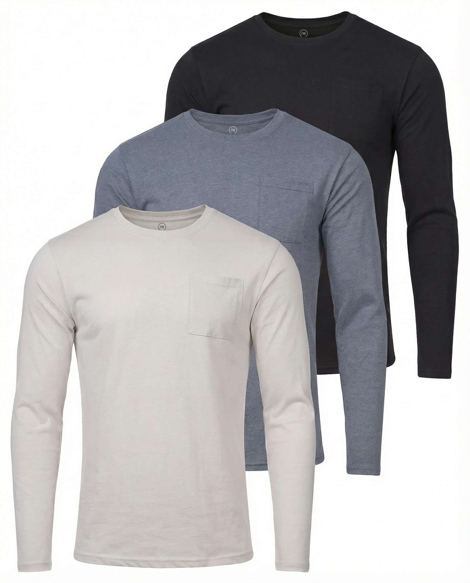 3 Pack: Mens Cotton Long Sleeve Crew Neck Pocket T-Shirt
