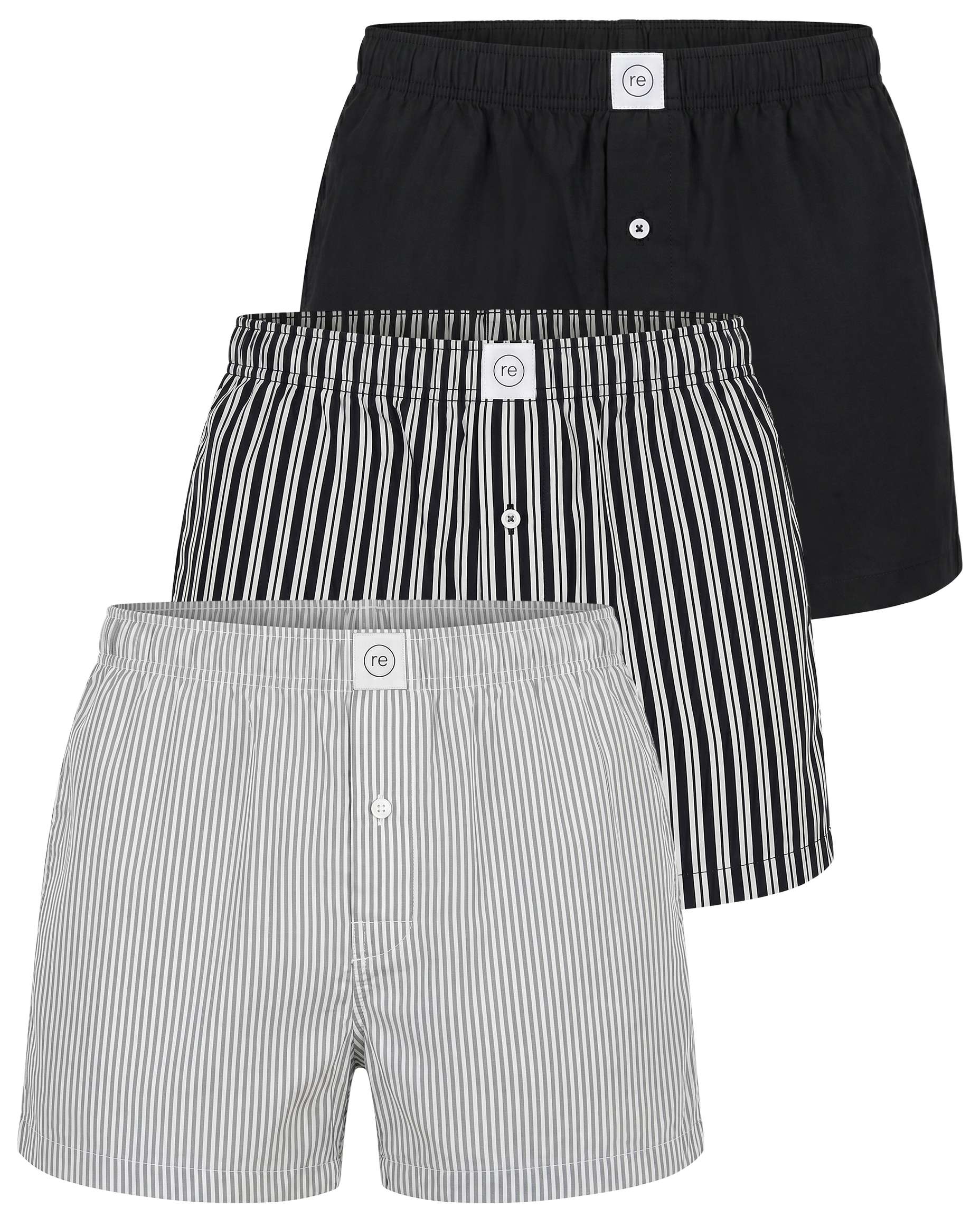 Real Essentials 3 Pack Mens Cotton Pajama Shorts Poplin Woven Lounge Sleep PJs with Pockets - Solid Black, Black Stripe, Ultimate Grey Stripe