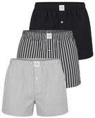 Real Essentials 3 Pack Mens Cotton Pajama Shorts Poplin Woven Lounge Sleep PJs with Pockets - Solid Black, Black Stripe, Ultimate Grey Stripe