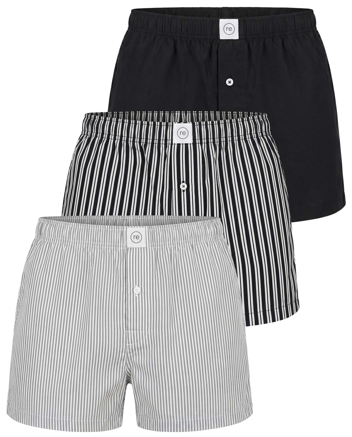 Real Essentials 3 Pack Mens Cotton Pajama Shorts Poplin Woven Lounge Sleep PJs with Pockets - Solid Black, Black Stripe, Ultimate Grey Stripe