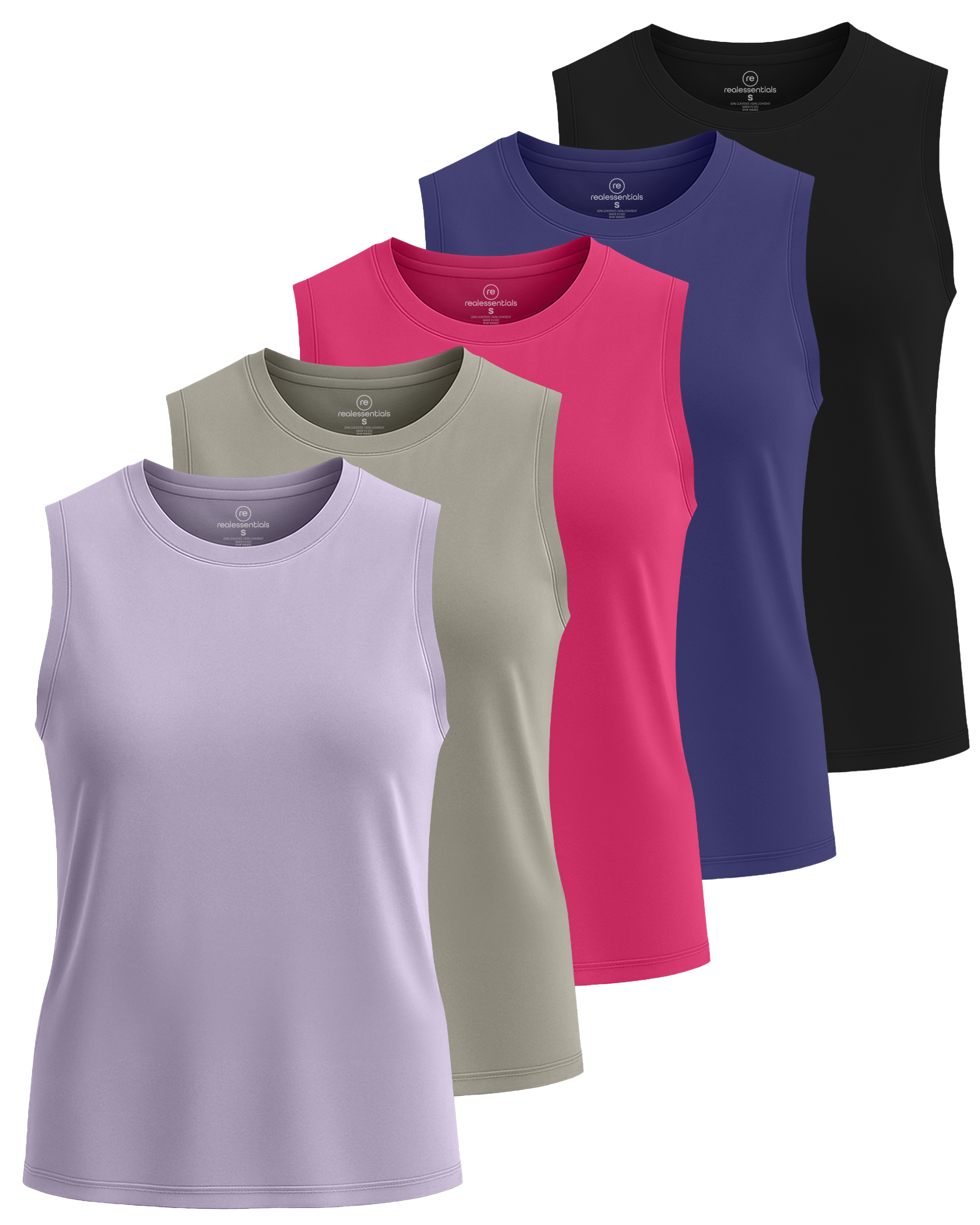 Real Essentials 5 Pack: Women's Dry-Fit Tank Top - Racerback Sleeveless T-Shirt Athletic Workout Gym Shirt (Plus Available)