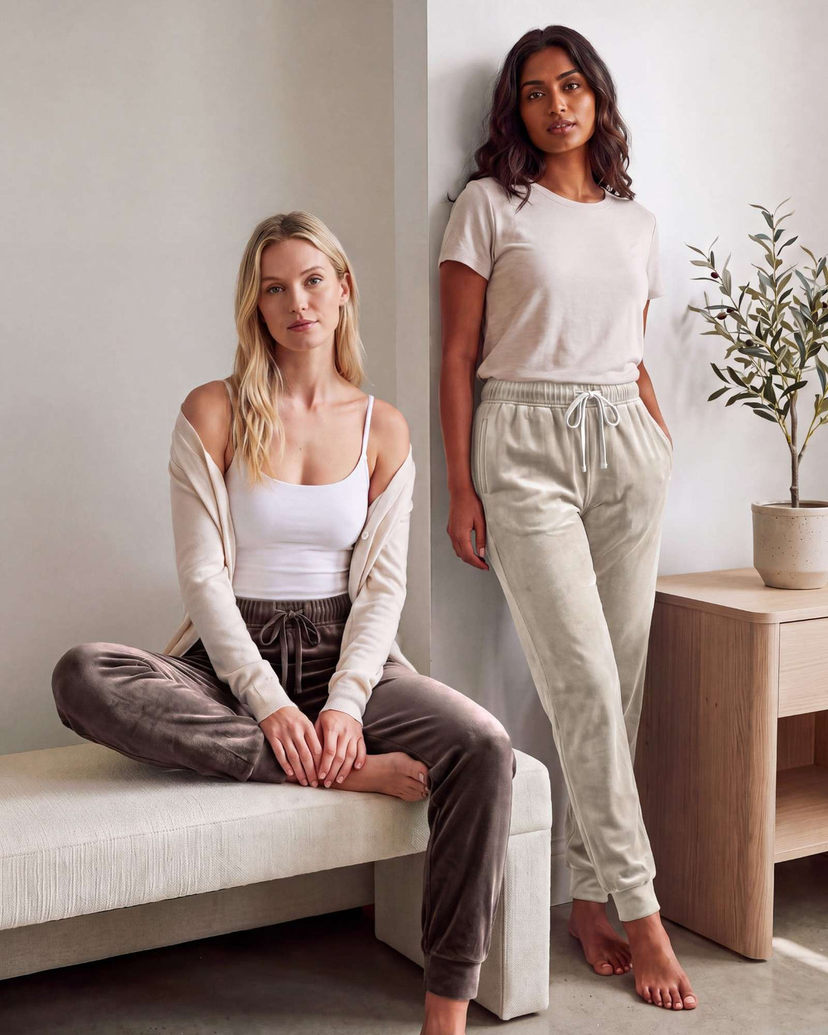 Real Essentials 3 Pack Women Velour Velvet Joggers Sweatpants Pants Cozy Lounge Pull On - Solid Black, Solid Chocolate Torte, Solid Moonbeam