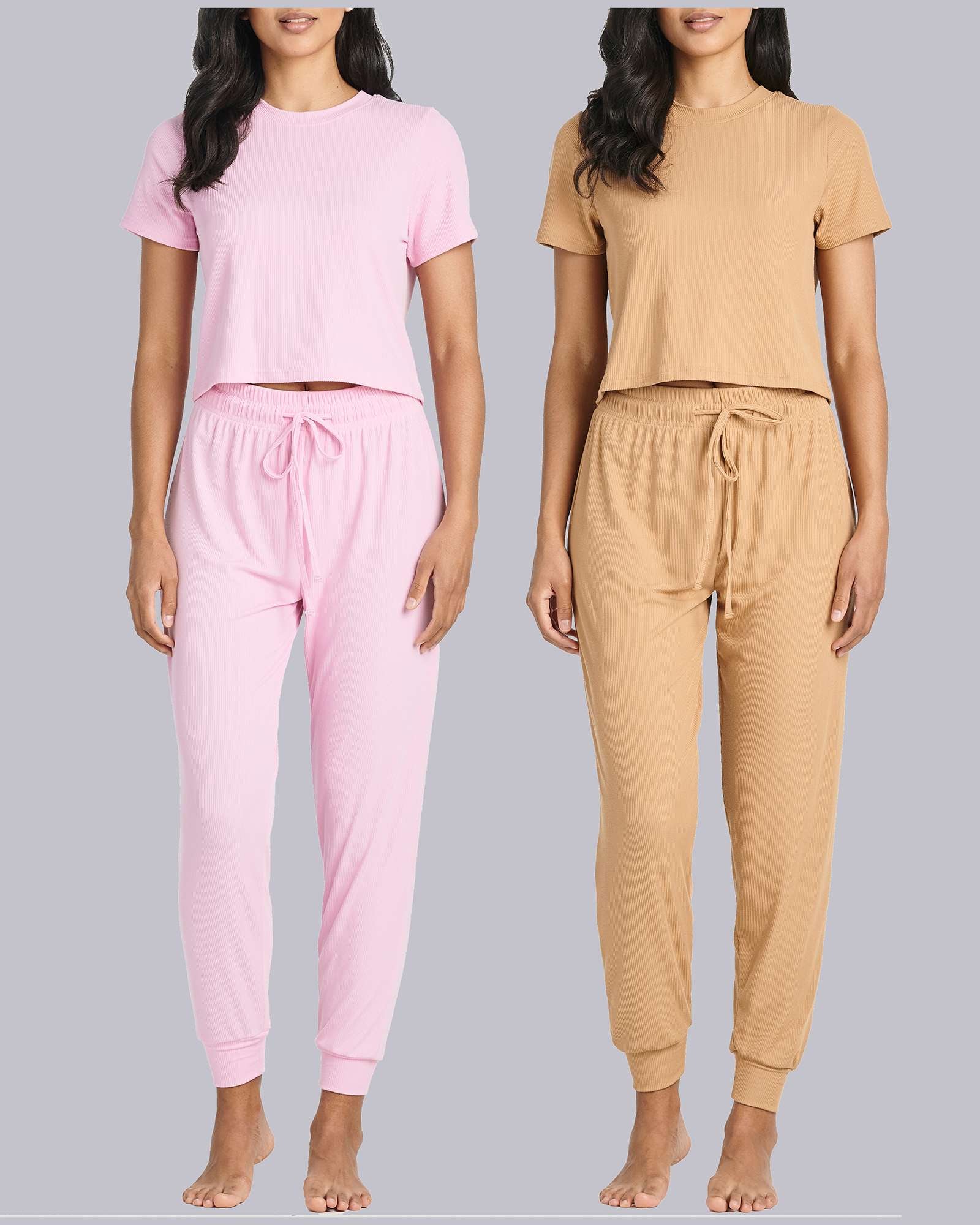 2 Pack: Women's Ribbed Knit Cropped Top with Jogger Sweatpants