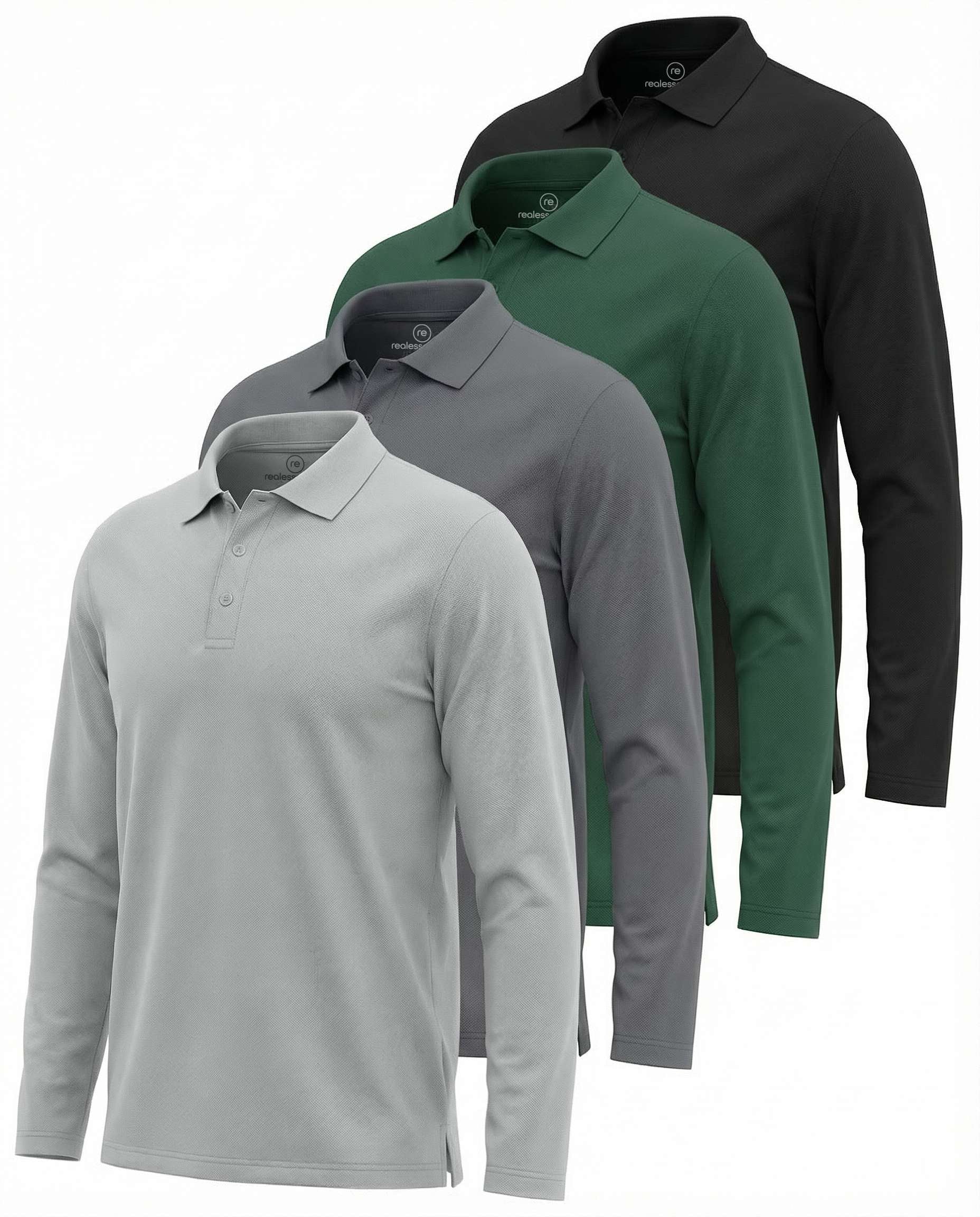 Real Essentials 4 Pack: Men's Long Sleeve Polo Shirts for Men - Cotton Pique Collared Athletic Golf Shirt Work & Casual