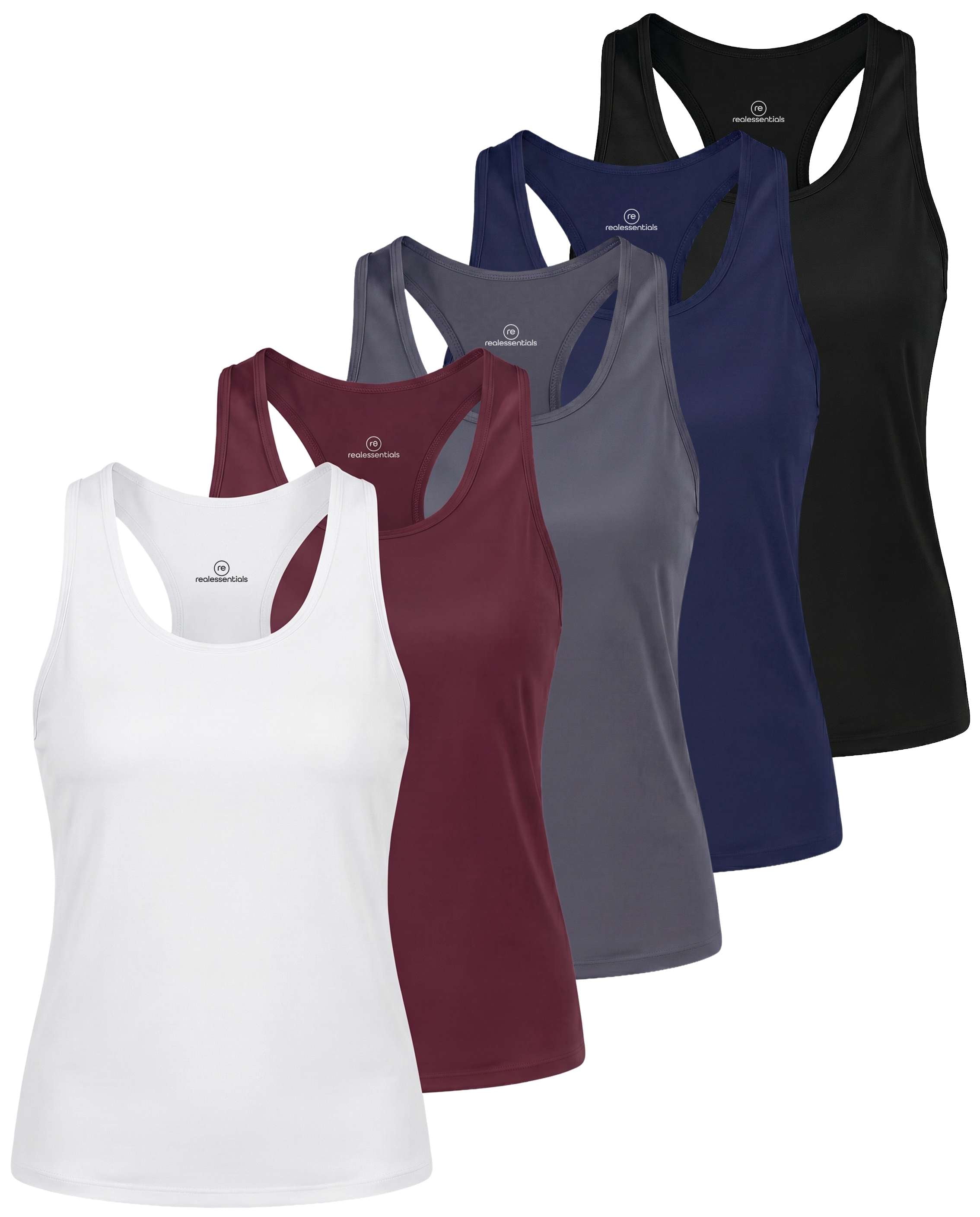 Real Essentials 5 Pack Women's Racerback Crop Tank Tops Dry Fit Workout Athletic Gym Yoga - Solid Black, Solid Navy Blazer, Solid Quiet Shade, Solid Burgundy, Solid Bright White