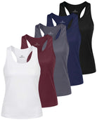 Real Essentials 5 Pack Women's Racerback Crop Tank Tops Dry Fit Workout Athletic Gym Yoga - Solid Black, Solid Navy Blazer, Solid Quiet Shade, Solid Burgundy, Solid Bright White