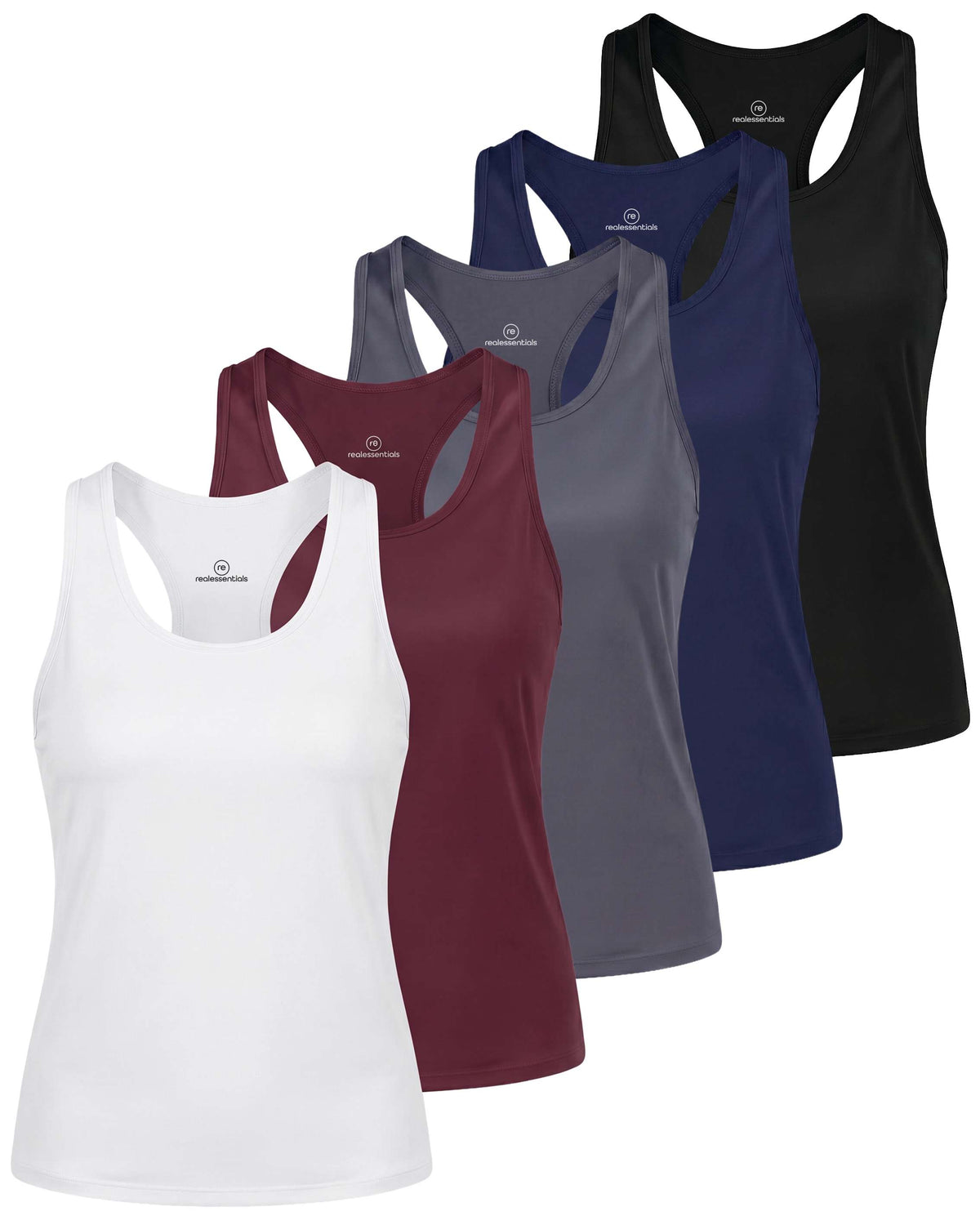 Real Essentials 5 Pack Women's Racerback Crop Tank Tops Dry Fit Workout Athletic Gym Yoga - Solid Black, Solid Navy Blazer, Solid Quiet Shade, Solid Burgundy, Solid Bright White