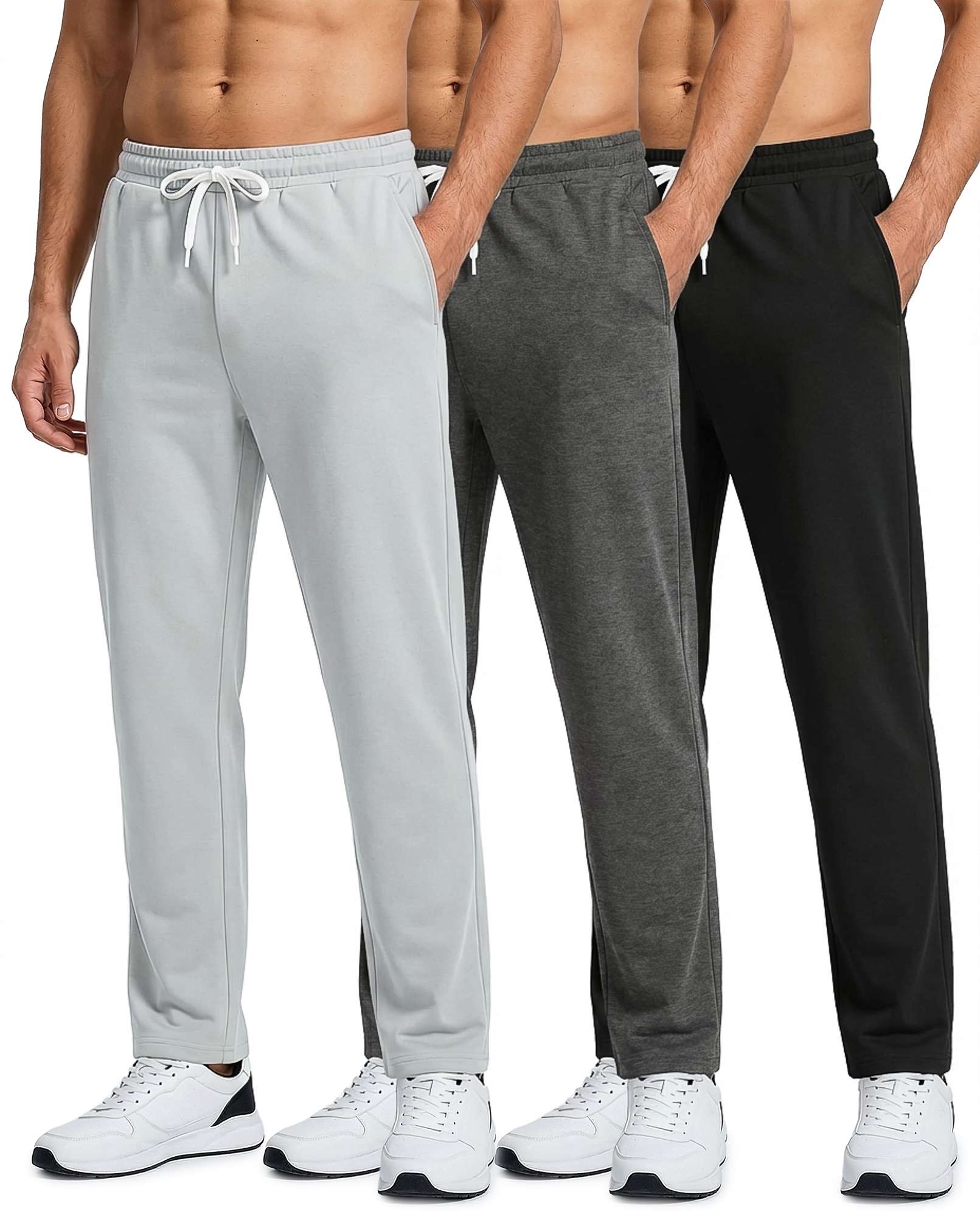 Real Essentials 3 Pack: Men's French Terry Open Bottom Sweatpants - Casual Lounge Comfort Gym with Pockets