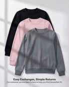 Real Essential 3 Pack Girls' Fleece Crewneck Sweatshirts Sweaters Kids Teens Pullover Tops - Solid Black, Solid Chocolate Torte, Solid Moonbeam
