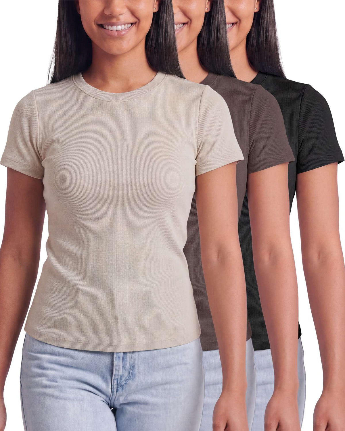 Real Essentials 3 Pack Women's Cotton Ribbed Tshirts Short Sleeve Crew Neck Tees Basic Tops - Solid Black, Solid Chocolate Torte, Solid Moonbeam