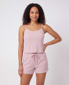 Real Essentials 2 Pack Women's Pajama Sets 2 Piece Ribbed Cropped Cami Shorts Sleepwear PJs - Solid Ballad Blue, Solid Pale Lilac