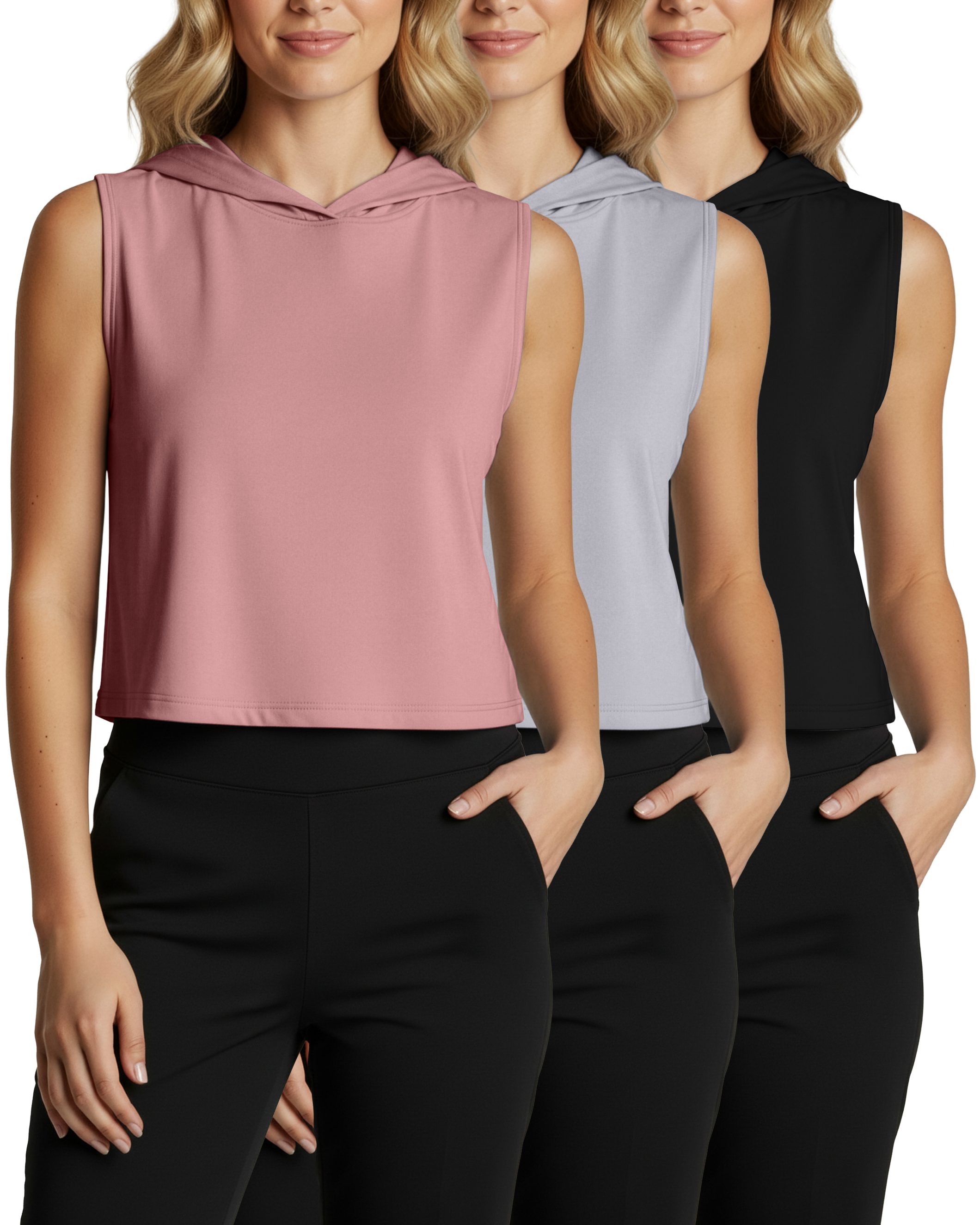 3 Pack: Women's Sleeveless Cropped Tank Top Hoodie