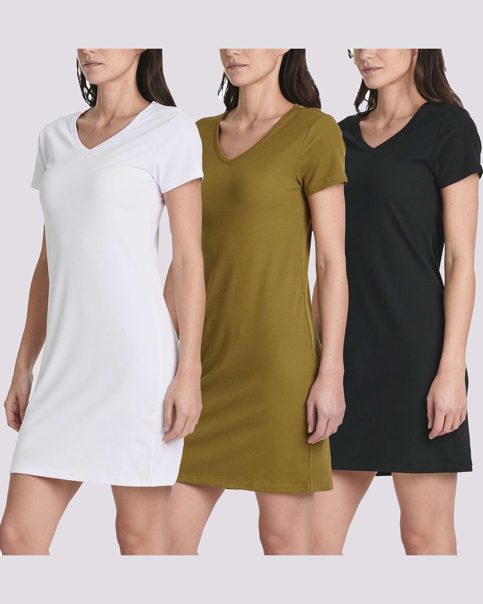 3 Pack: Women's Ribbed Knit Short-Sleeve V-Neck Swing Dress
