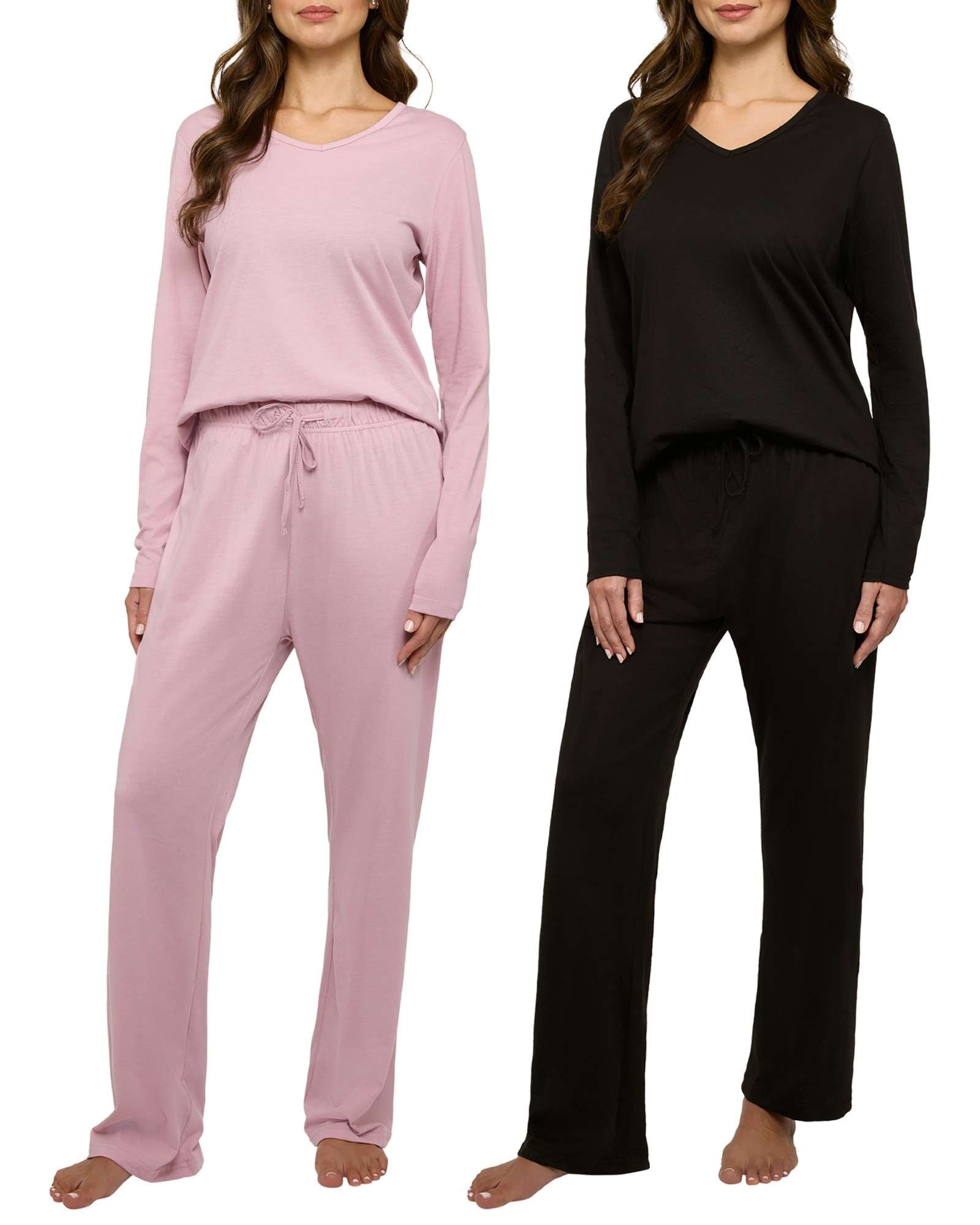 Real Essentials 2 Pack Women's Soft Cotton Long Sleeve Pajama Set with Pants - Lounge Sets for Women (Available In Plus)