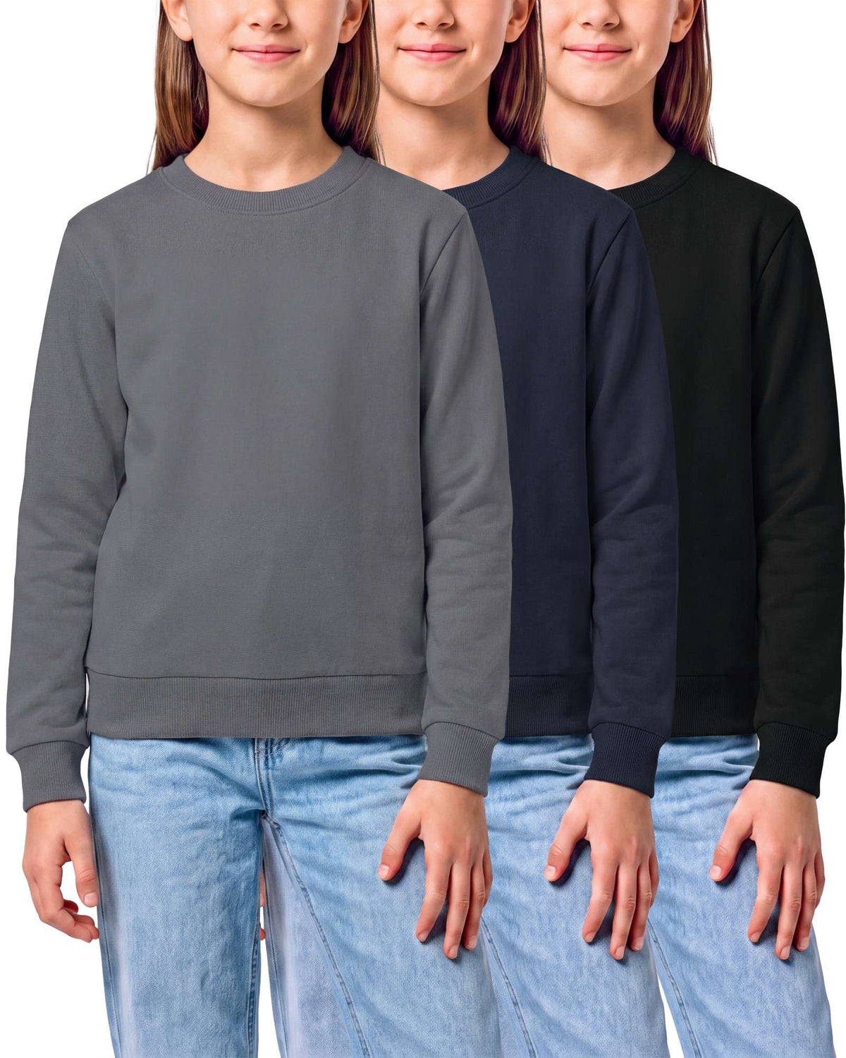 Real Essential 3 Pack Girls' Fleece Crewneck Sweatshirts Sweaters Kids Teens Pullover Tops - Solid Black, Solid Navy Blazer, Solid Quiet Shade