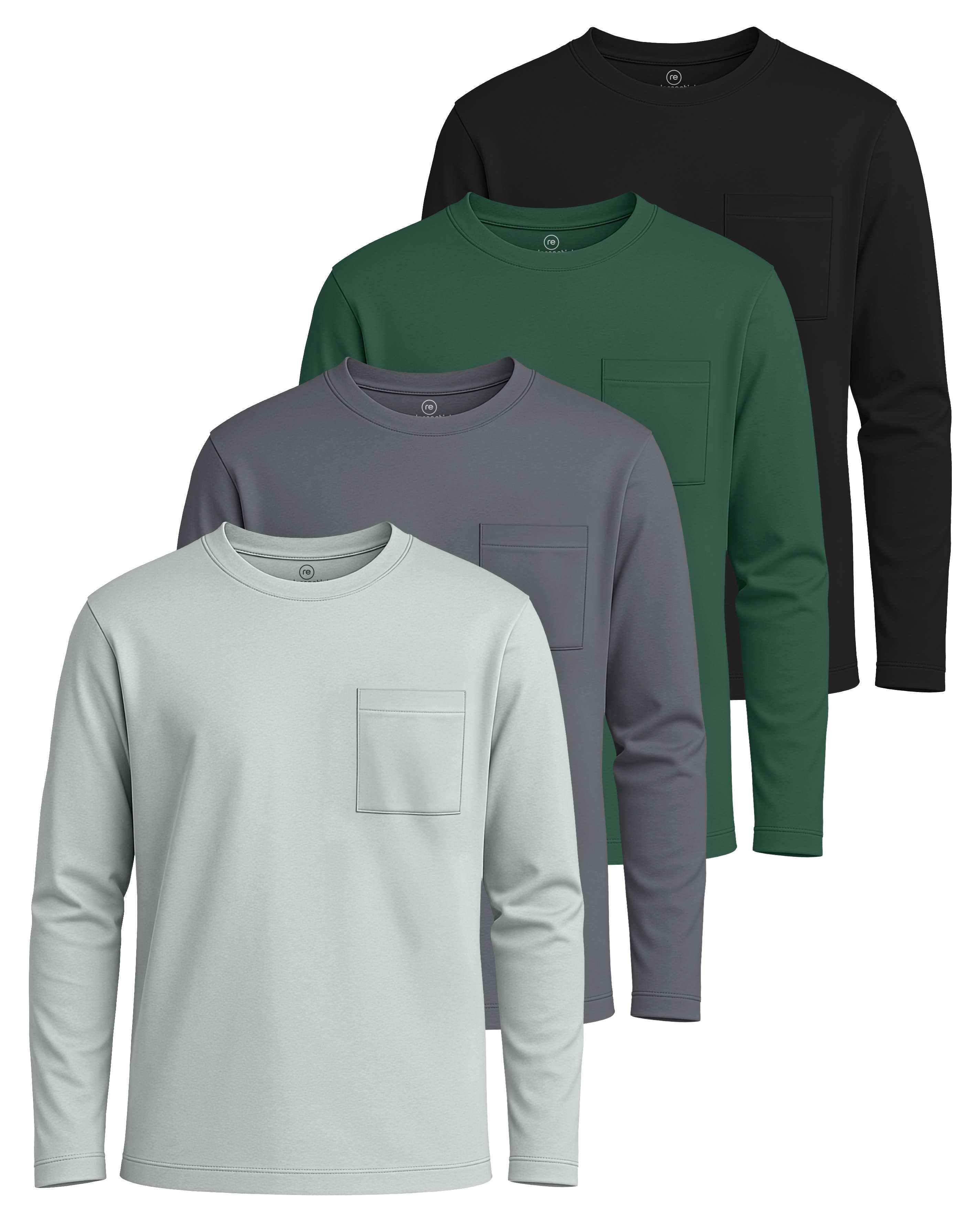 Real Essentials 4 Pack: Boys' Cotton Jersey Long Sleeve T-Shirt with Pocket - Kids Teens Youth Crew Neck Tee Top (Ages 4-16)