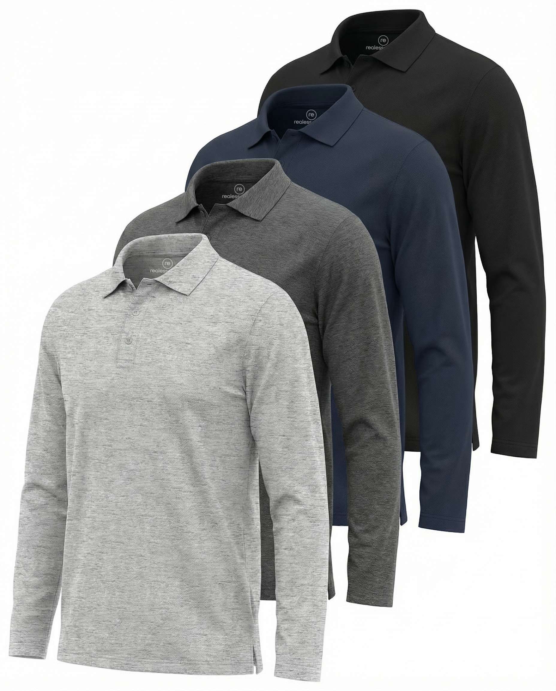 Real Essentials 4 Pack: Men's Long Sleeve Polo Shirts for Men - Cotton Pique Collared Athletic Golf Shirt Work & Casual