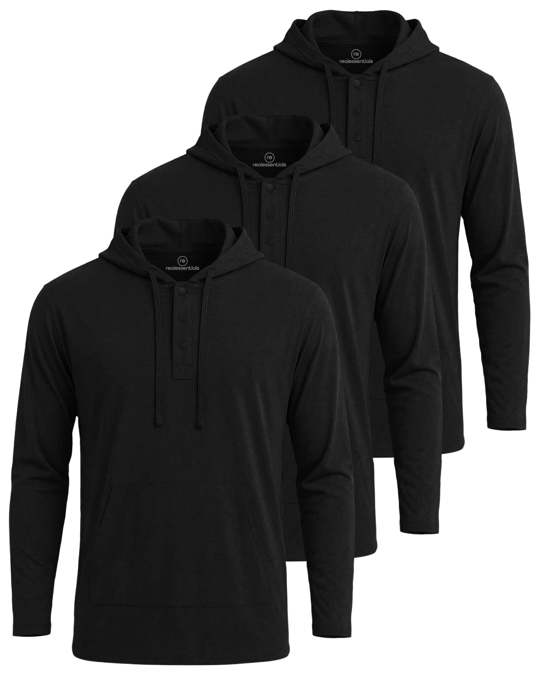 Real Essentials 3 Pack: Men's Cotton Henley Pullover Hoodie Lightweight Casual Long Sleeve Hooded Sweatshirt (Big & Tall)