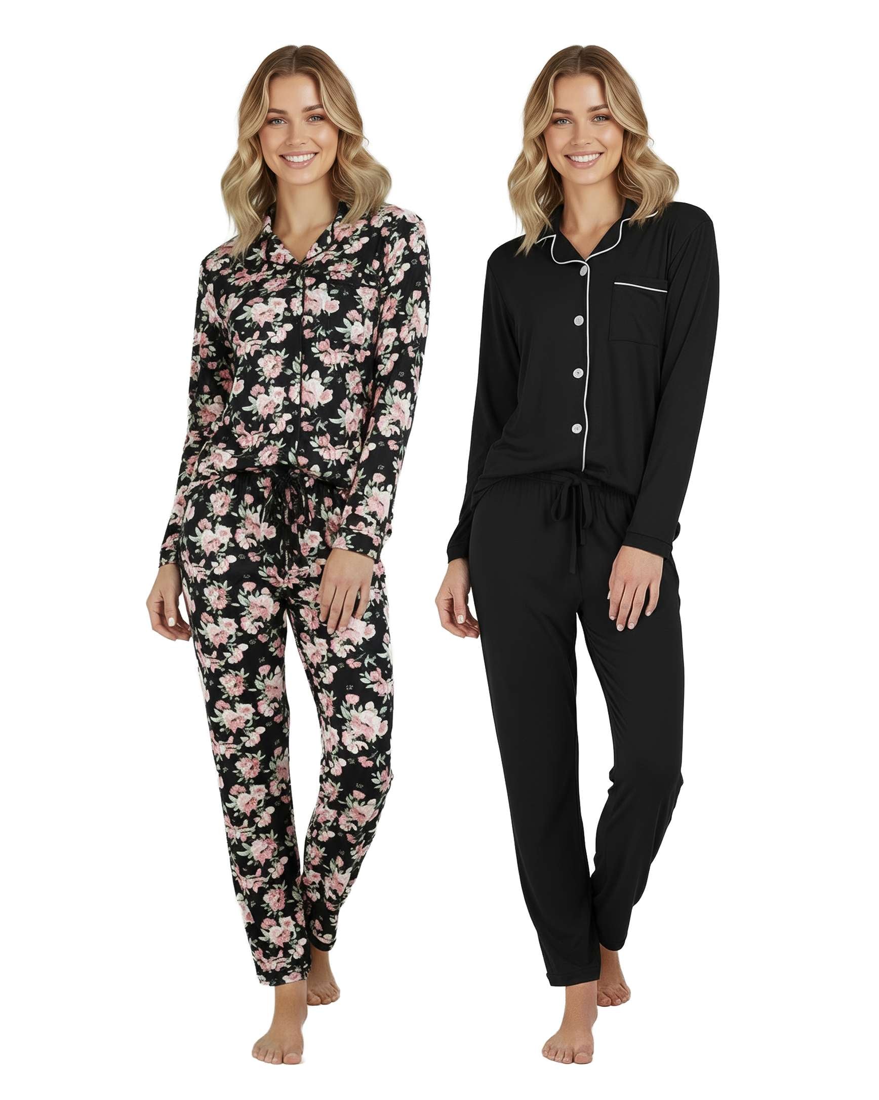 4 Piece: Women’s Long Sleeve Button Down Pajama Set