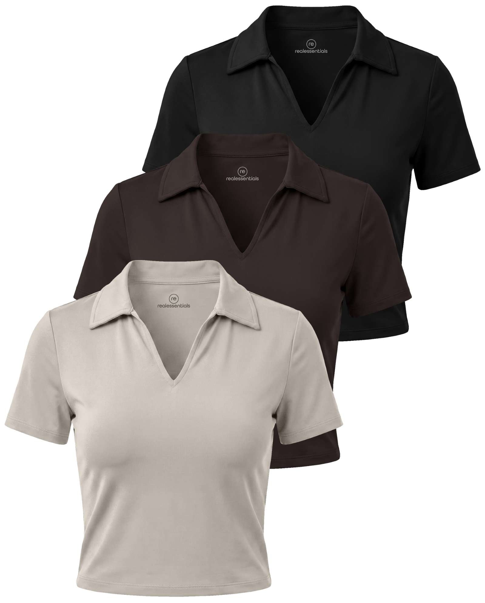 Real Essentials 3 Pack: Women's V Neck Crop Polo Shirts - Short Sleeve Sweater Dry Fit Golf Athletic Workout Collared Tops