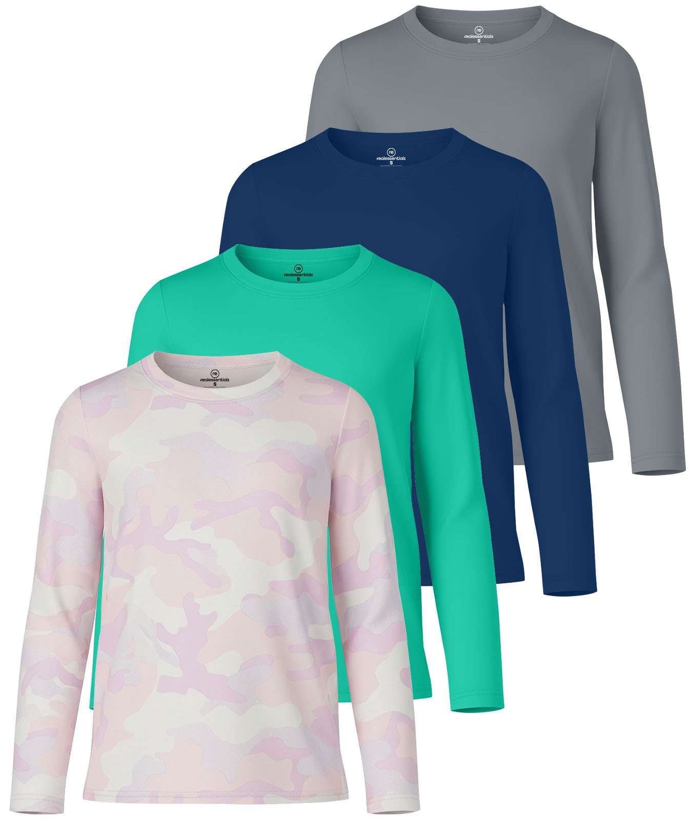4 Pack: Girls Dry-Fit Long Sleeve Active Crew Neck T-Shirt