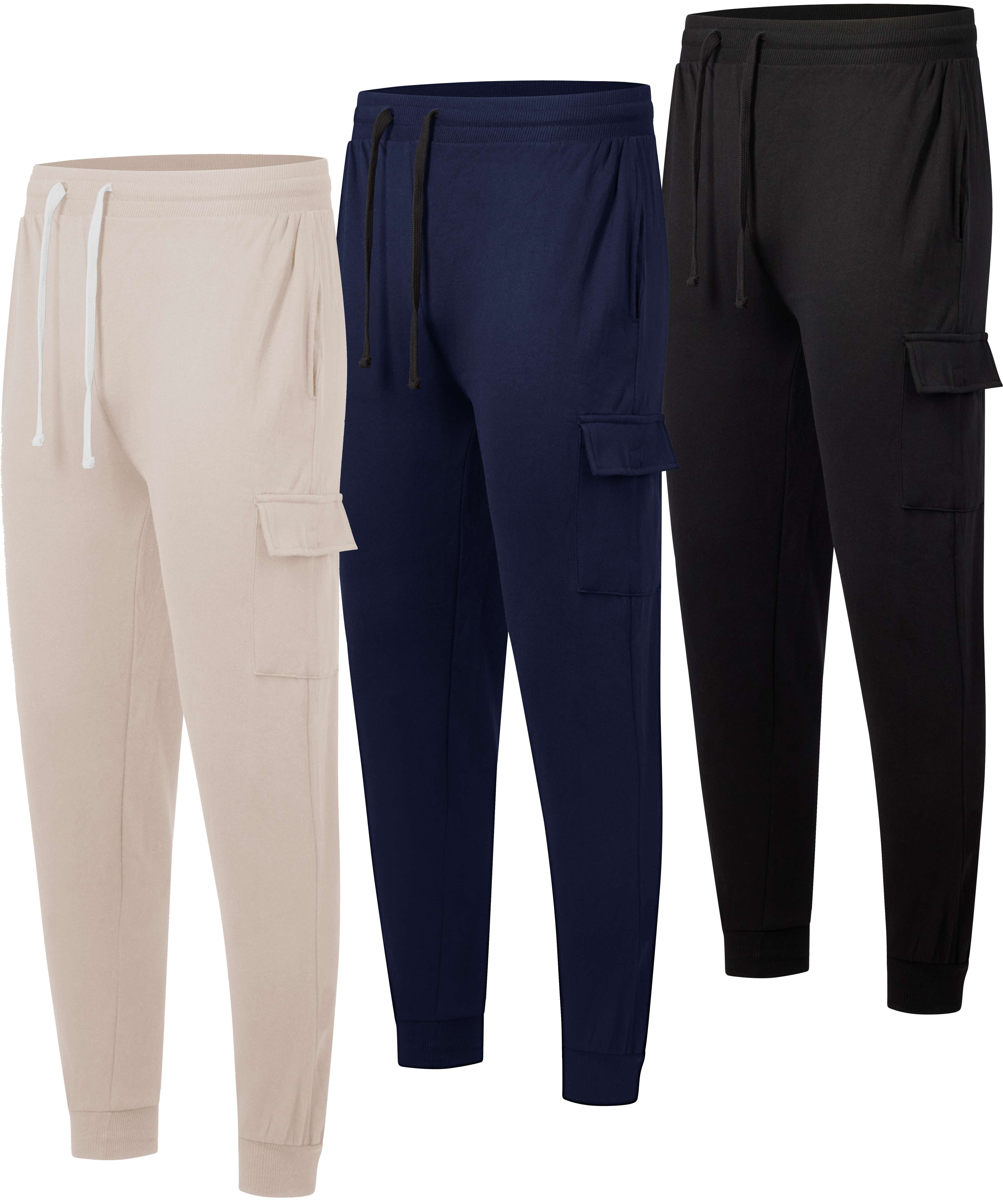 Real Essentials 3 Pack: Men's Cotton Fleece Cargo Jogger Sweatpants with Pockets