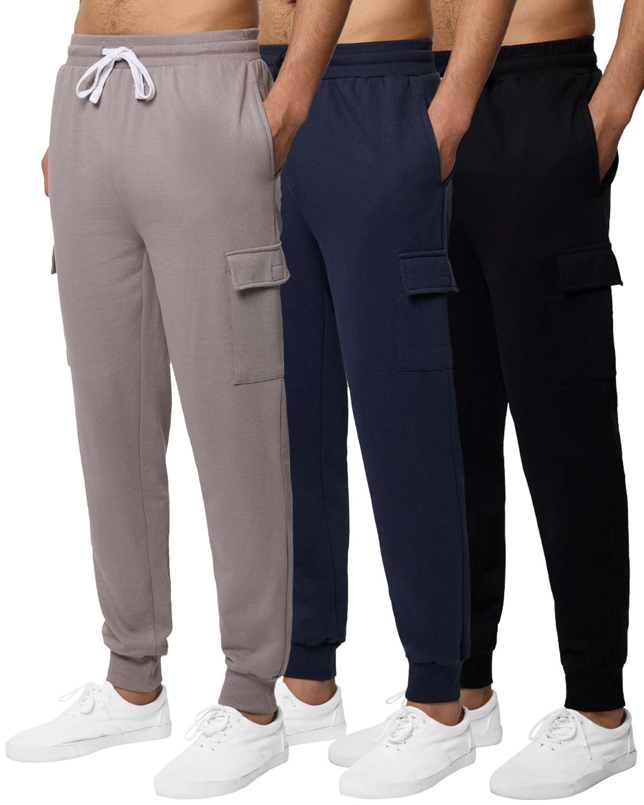 Real Essentials 3 Pack: Men's Cotton Fleece Cargo Jogger Sweatpants with Pockets