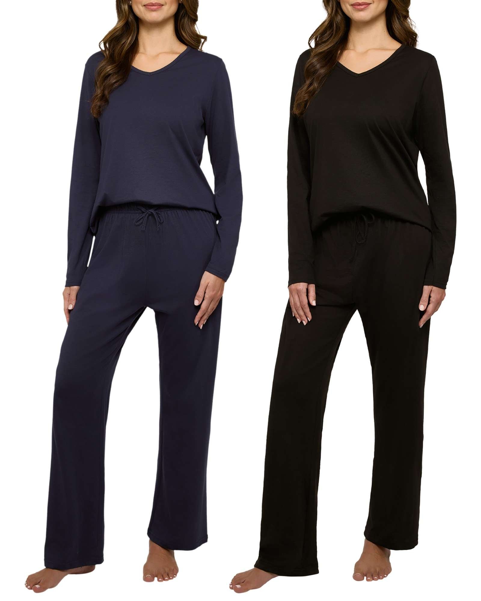 Real Essentials 2 Pack Women's Soft Cotton Long Sleeve Pajama Set with Pants - Lounge Sets for Women (Available In Plus)