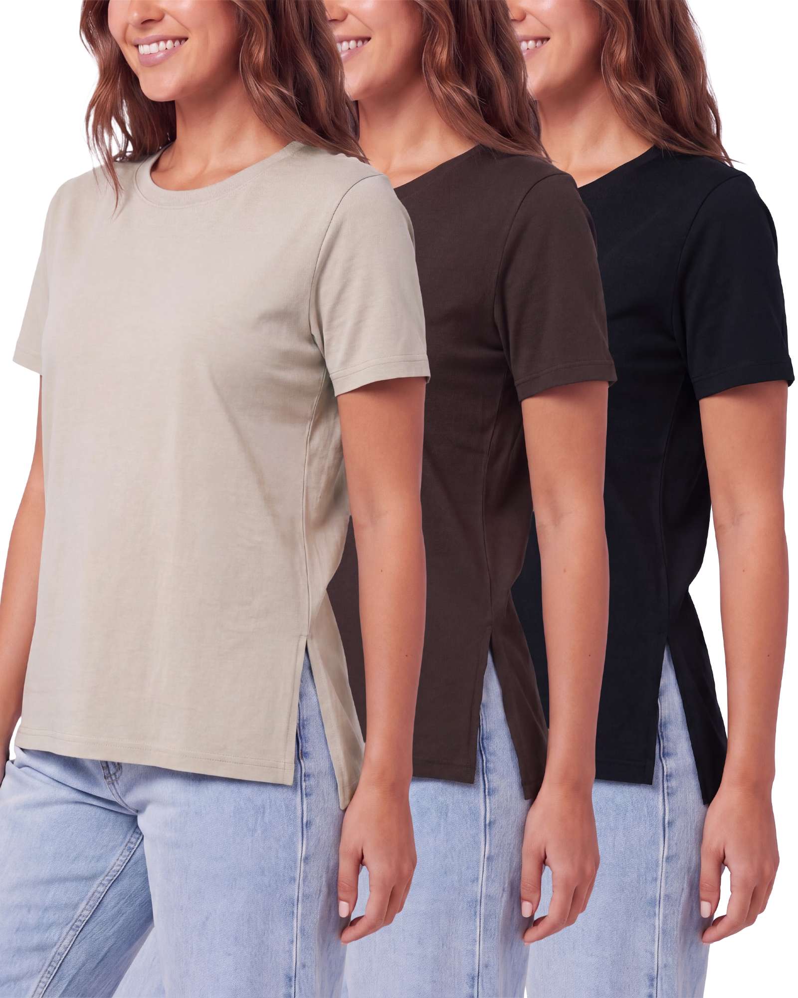 Real Essentials 3 Pack Women's Cotton Tshirts Split Hem Short Sleeve Crew Neck Tees Tops - Solid Black, Solid Chocolate Torte, Solid Moonbeam