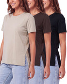 Real Essentials 3 Pack Women's Cotton Tshirts Split Hem Short Sleeve Crew Neck Tees Tops - Solid Black, Solid Chocolate Torte, Solid Moonbeam