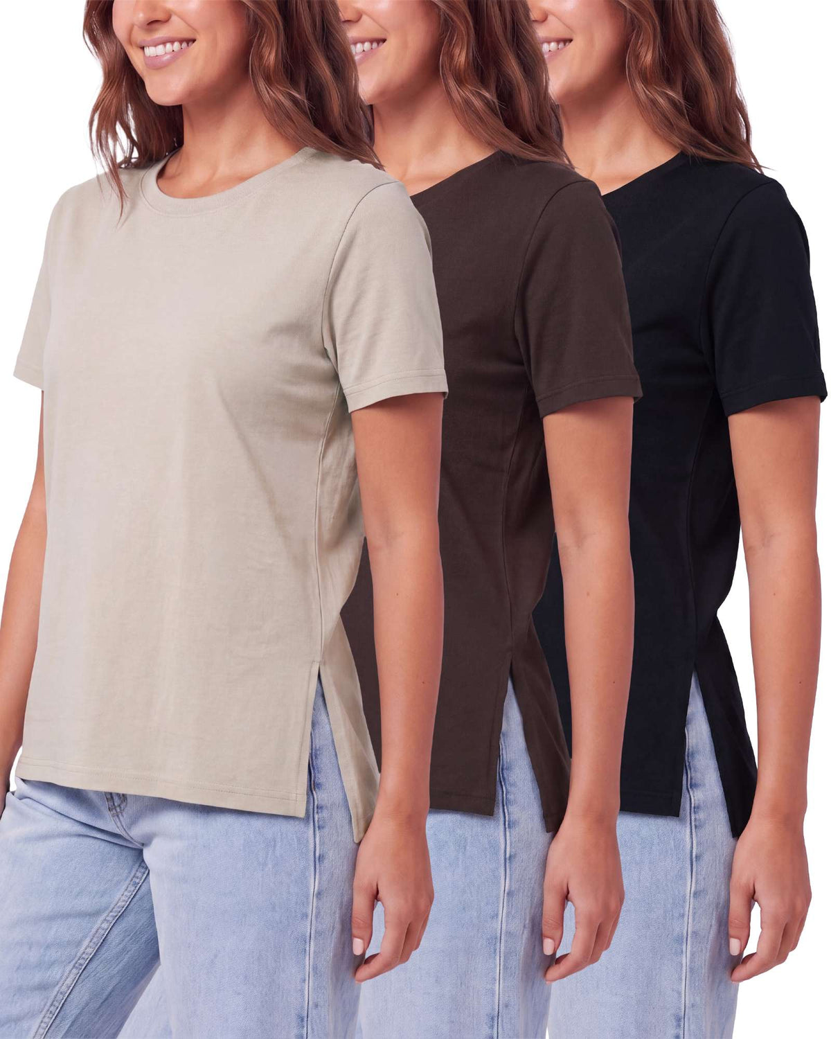Real Essentials 3 Pack Women's Cotton Tshirts Split Hem Short Sleeve Crew Neck Tees Tops - Solid Black, Solid Chocolate Torte, Solid Moonbeam