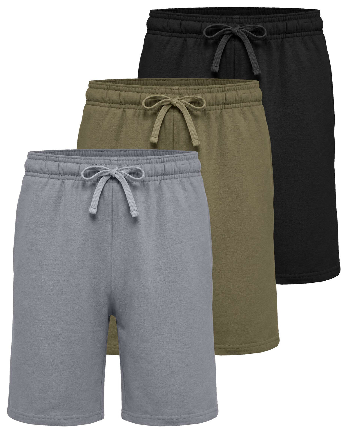 Real Essentials 3 Pack Boys' Fleece Shorts Athletic Gym Kids Teens Pajama Sleep Pockets - Solid Black, Solid Martini Olive, Solid Sleet