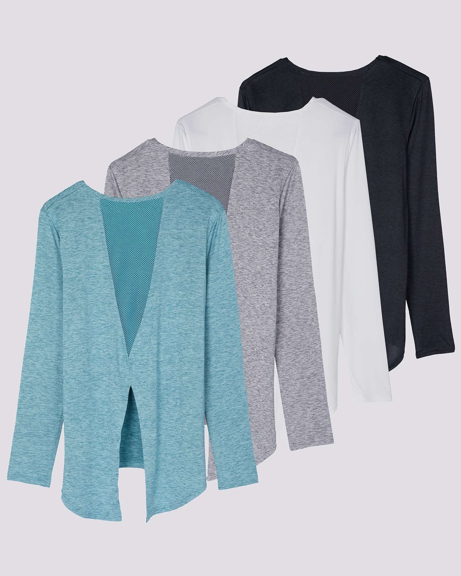 4 Pack: Women's Long-Sleeve Mesh Insert Tie Back Shirt (Available in Plus Size)