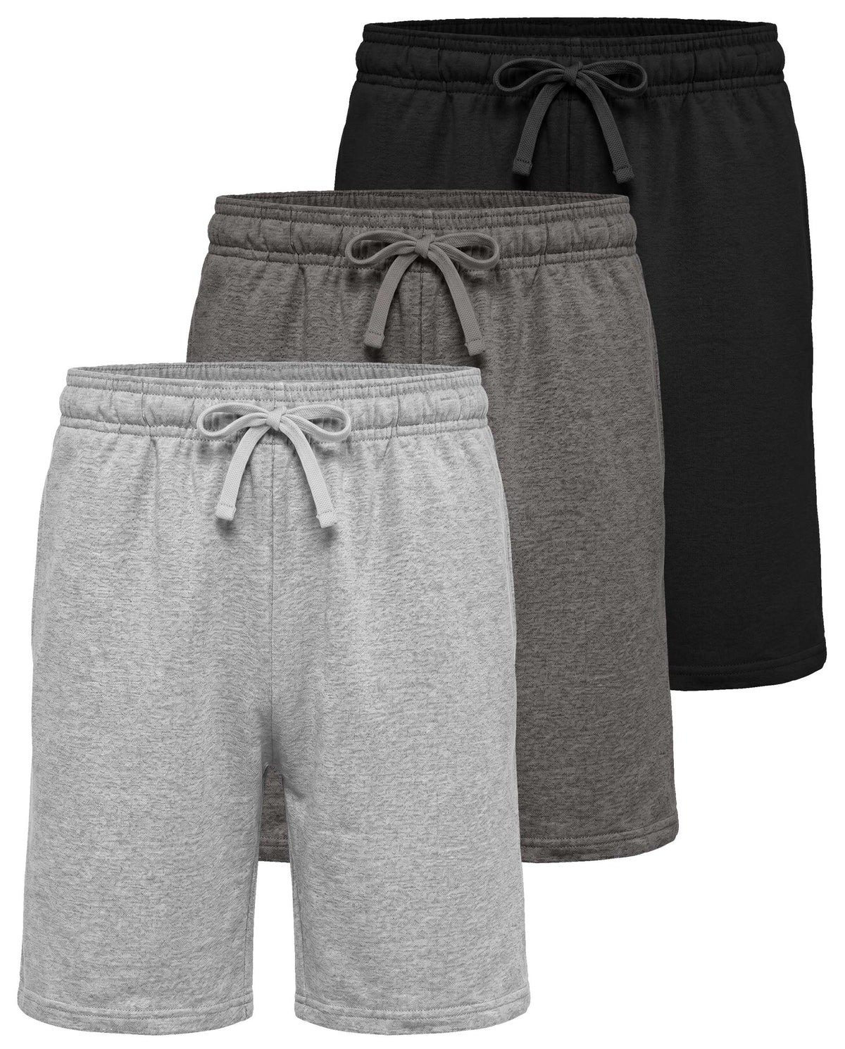 Real Essentials 3 Pack Boys' Fleece Shorts Athletic Gym Kids Teens Pajama Sleep Pockets - Solid Black, Charcoal Heather, Grey Heather