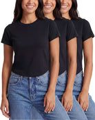 Real Essentials 3 Pack Women's Cropped Cap Sleeve Tops Cotton Basic Tees Going Out Shirts - Solid Black, Solid Black, Solid Black