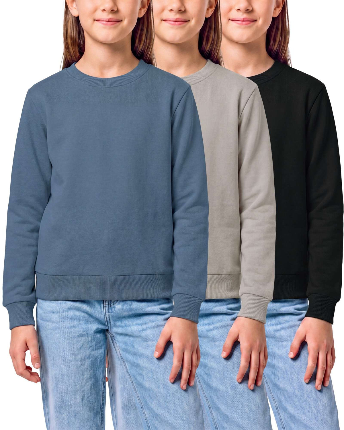 Real Essential 3 Pack Girls' Fleece Crewneck Sweatshirts Sweaters Kids Teens Pullover Tops - Solid Black, Solid Dove, Solid Copen Blue
