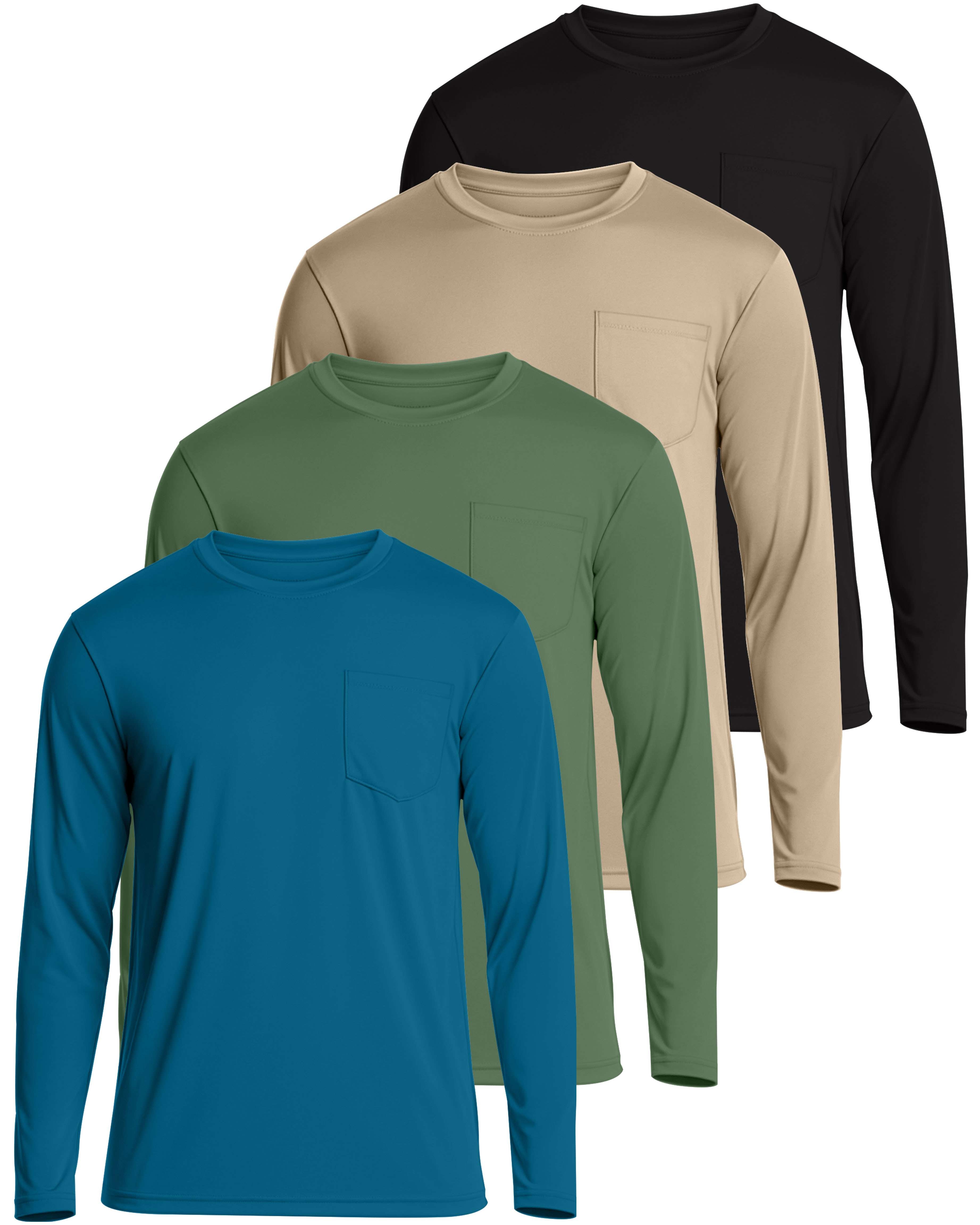 4 Pack: Mens Dry-Fit Long Sleeve Pocket Crew T-Shirt