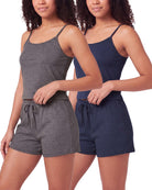 Real Essentials 2 Pack Women's Pajama Sets 2 Piece Ribbed Cropped Cami Shorts Sleepwear PJs - Solid Navy Blazer, Charcoal Heather