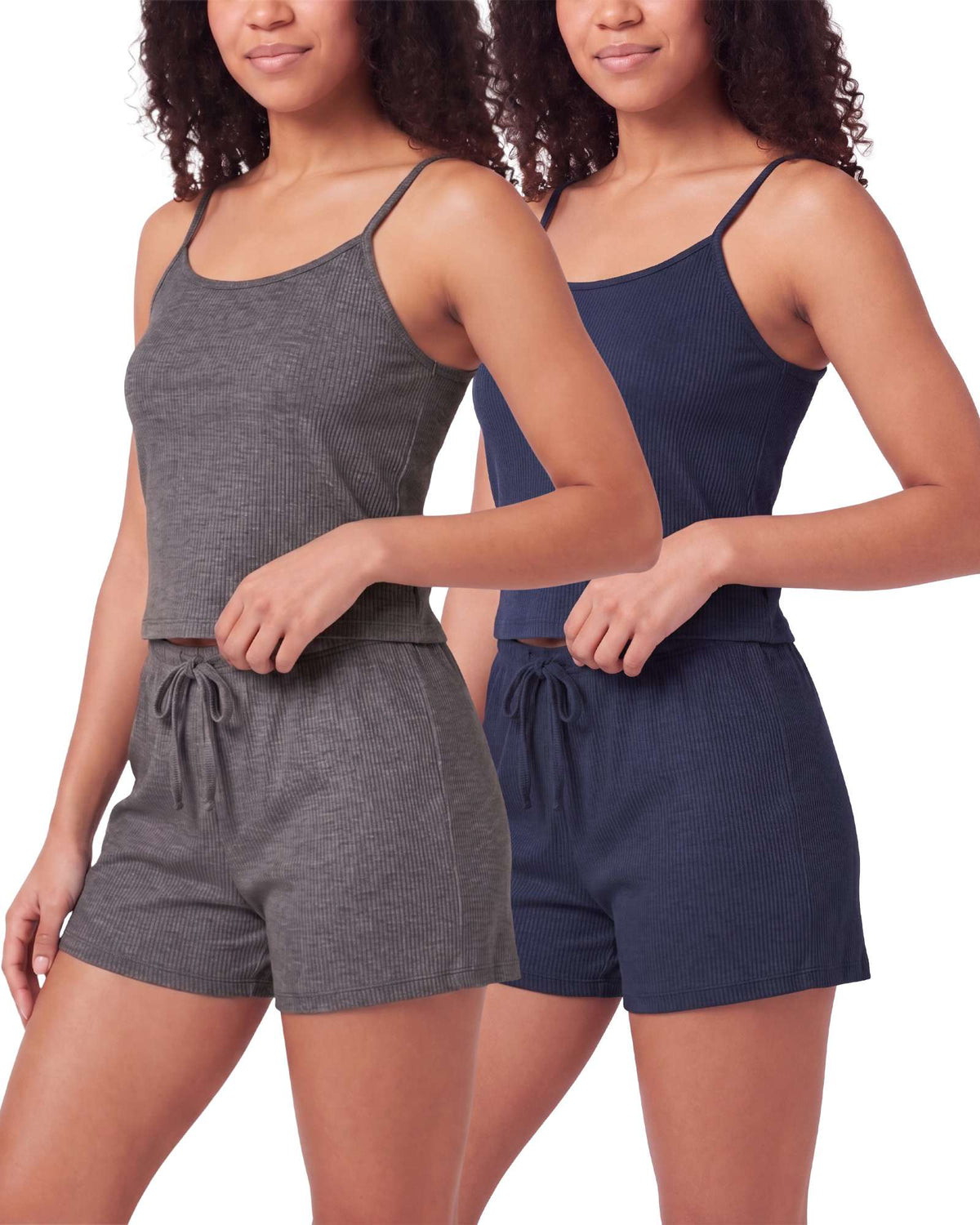 Real Essentials 2 Pack Women's Pajama Sets 2 Piece Ribbed Cropped Cami Shorts Sleepwear PJs - Solid Navy Blazer, Charcoal Heather